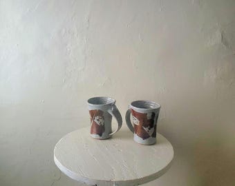 Vintage Studio art ceramic mug set signed by the artist gray brown of two stamped