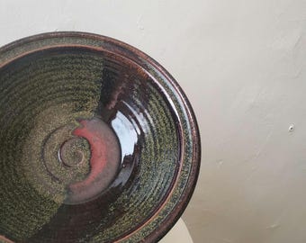 Vtg Green Studio Ceramic Bowl / Original Art Signed / Muted autumn fall / functional art usable tabletop housewarming