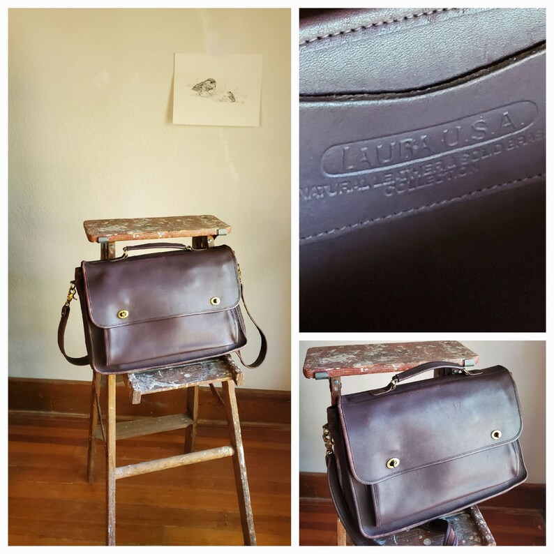 90s Laura USA leather Laptop Bag /chocolate brown Attache Vintage / steampunk preppy dark light academia briefcase minimal unisex image 2