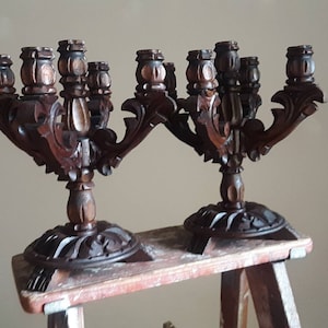 handmade vintage carved wood candelabra  set two  boho rustic natural housewarming gift hygge bedroom decor cabin