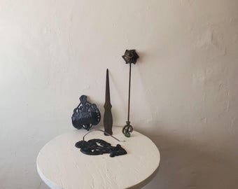 Antique Desktop set letter opener matchstick holder candle snuffer receipt spike 4 piece art nouveau cast iron brass metal steampunk gift