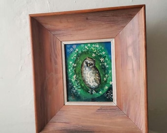 Vtg Owl Painting framed deep frame wood signed Fred W Lowe 1989 cottagecore forestcore gift