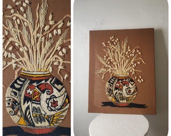 Arte nativo americano estilo Boho Crewel de los años 70 / jarrón vintage hecho a mano de estilo suroeste