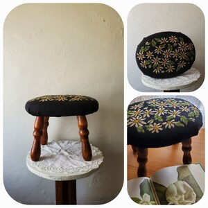 Vintage Daisy Footstool/ needlepoint handmade cottagecore floral black country rustic bedroom decor laura ashley