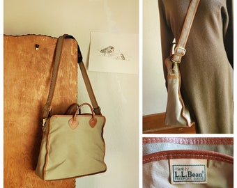 80s LL Bean Khaki Canvas Tote Laptop Bag / Attache bag Vintage leather /  preppy light dark academia briefcase bag