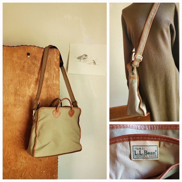 80s LL Bean Khaki Canvas Tote Laptop Bag / Attache bag Vintage leather /  preppy light dark academia briefcase bag