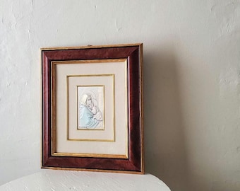 Italian Virgin Mary and Baby Jesus .925 Silver Framed Art wood frame leather back religious catholic Christian made in Italy