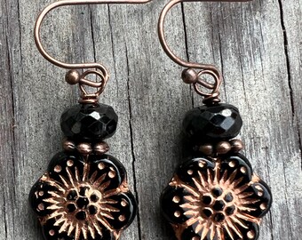 Black and Copper Czech Glass Flower Earrings with Faceted Black Spinel