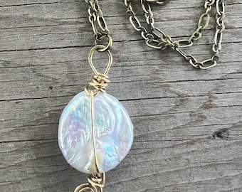 20” Freshwater Coin Pearl Necklace in Brass