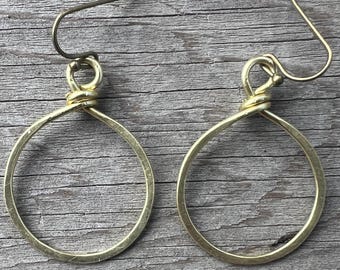 Medium Hammered brass hoop earrings on antiqued bronze earwires