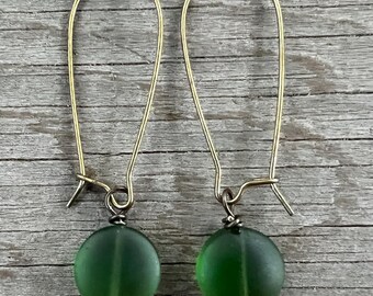 Small Frosted Green Coin Earrings on Antiqued Brass Kidney Ear Wires