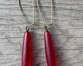Red Frosted Glass Teardrop Earrings in Antiqued Brass