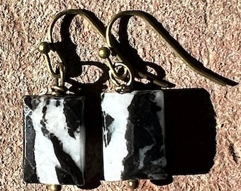 Zebra Jasper Drop Earrings on Antiqued Brass Ear Wires