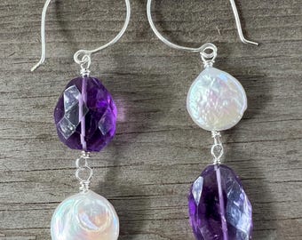Asymmetrical Amethyst and Coin Pearl Earrings in Sterling Silver