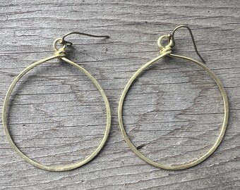 Large Hammered brass hoop Earrings on antiqued bronze earwires