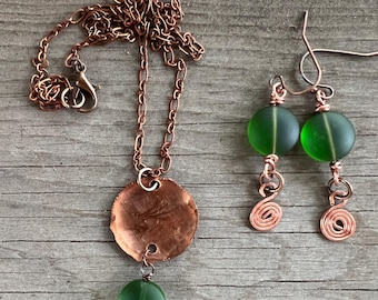 Copper and Frosted Green Glass Coin   Necklace and Earrings Ser