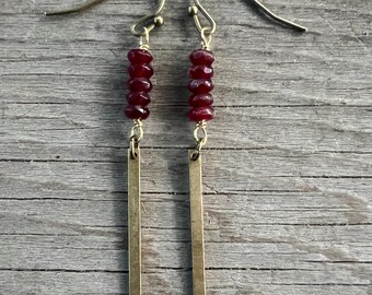 Faceted Garnet Rondelle and Brass Bar Earrings