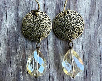 Antique Brass Earrings with Faceted Champagne Teardrop Crystal Beads