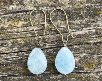 Faceted Light Blue Teardrop Gemstone Earrings in Antiqued Brass