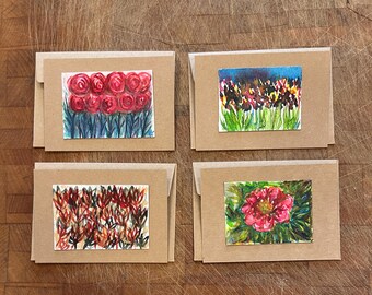 Set of Four Original Watercolors on Flat Cards with Matching Envelopes