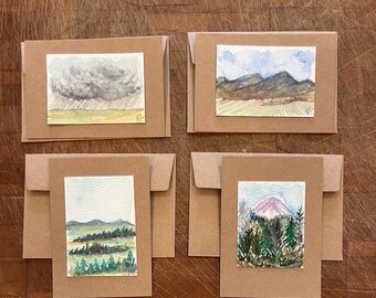 Set of Four Original Watercolors on Flat Cards with Matching Envelopes