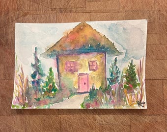 Happy Little Cottage Original Watercolor Painting