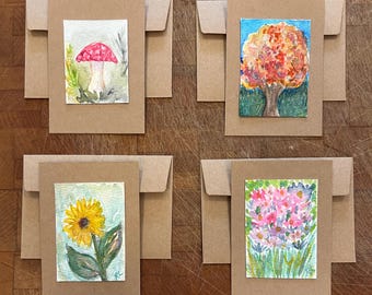 Set of Four Original Watercolors on Flat Cards with Matching Envelopes