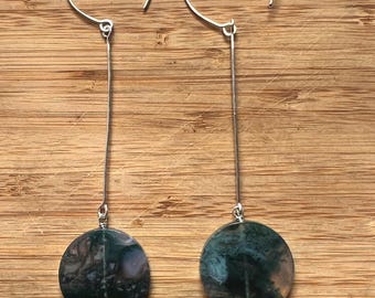 Long Moss Agate Statement Earrings in Sterling Silver