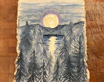 Moody Moonlit Mountain Lake Original Watercolor Painting