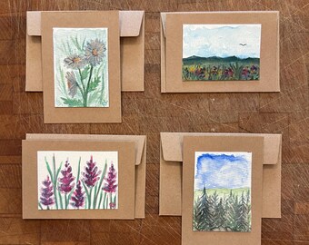 Set of Four Original Watercolors on Flat Cards with Matching Envelopes