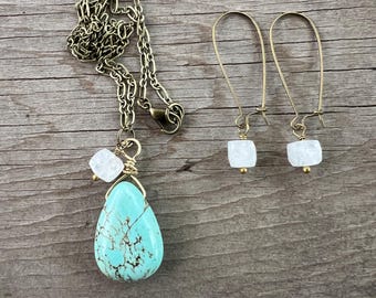 Turquoise and Moonstone Necklace and Earrings Set