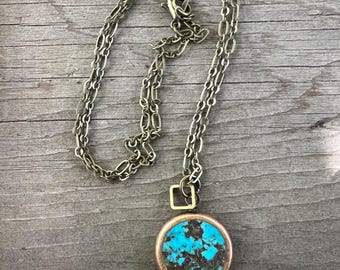 Turquoise Coin and Antiqued Brass Necklace