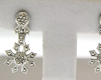 Vintage Sterling Silver Fancy Marcasite Drop Earrings