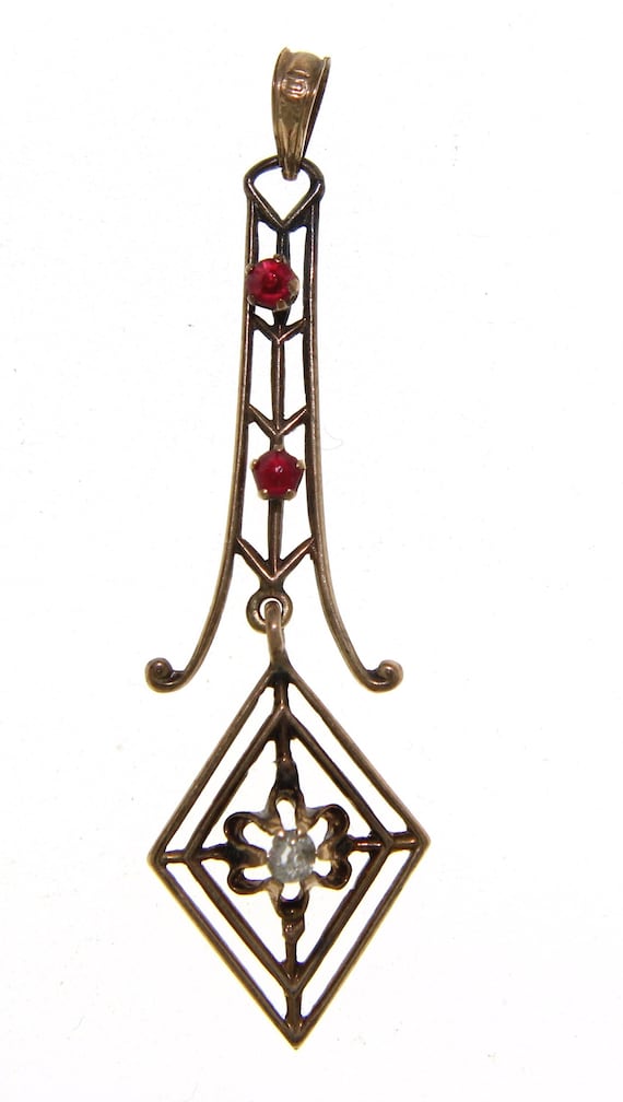 Vintage 10K Diamond and Ruby Chandelier Drop Pend… - image 2