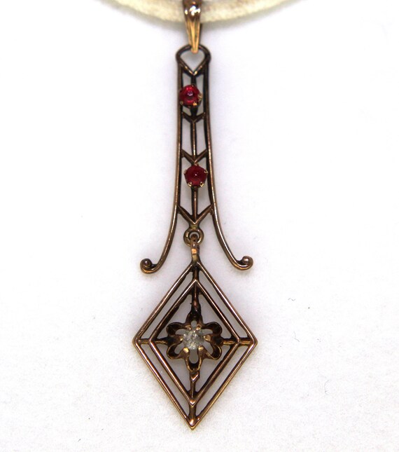 Vintage 10K Diamond and Ruby Chandelier Drop Pend… - image 1