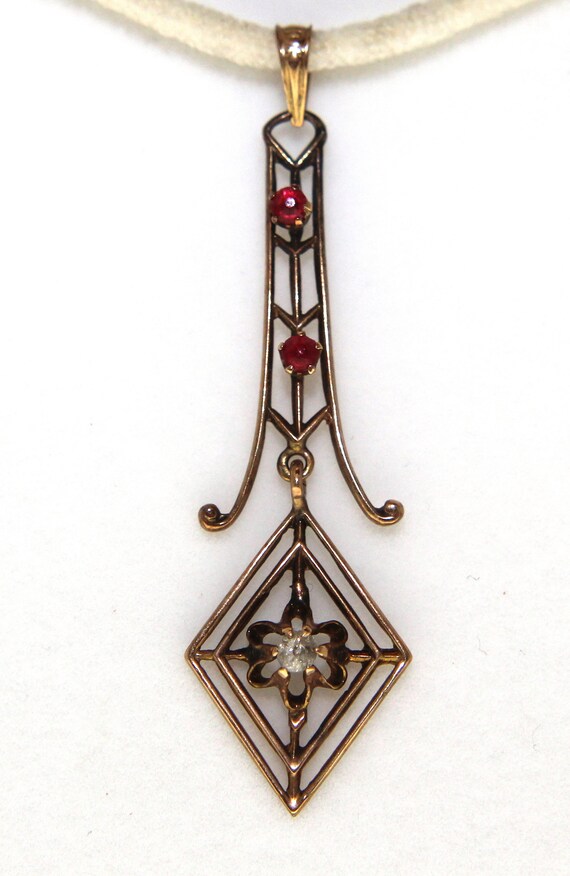 Vintage 10K Diamond and Ruby Chandelier Drop Pend… - image 3
