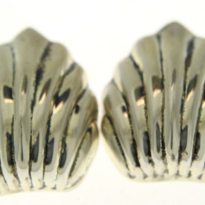 May include: A pair of silver shell-shaped earrings. The earrings are smooth and have a shiny finish.