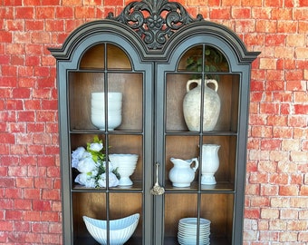 SOLD. Do not purchase. Refurbished Black China Cabinet Hutch, Farmhouse Dining Room Storage