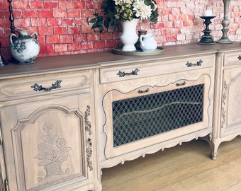 SOLD. Please do not purchase. French Carved Wood Buffet, Vintage Farmhouse Sideboard, 88" Hutch Cabinet