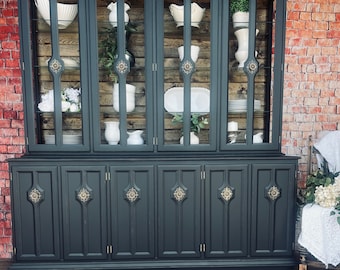 SOLD Do not purchase. This is posted as an example of our work. Black Farmhouse Hutch, Black China Cabinet, Wine or Liquor Cabinet