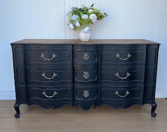 SOLD. Please do not purchase. Black Provincial dresser, Dining room buffet, Black Buffet, Antique Credenza, Entryway Table, Tv Stand,