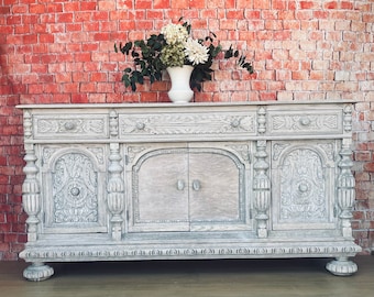 SOLD. Do not purchase. Jacobean Farmhouse Buffet, Antique Console Table, Whitewashed Wood