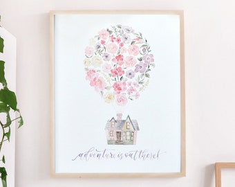 Adventure is Out There, Watercolor Flowers Hot Air Balloon for Girl's Room Decor
