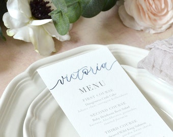 Personalized Wedding Reception Menus, Custom Printed Wedding Reception Menu Card with Guest Name written in Watercolor Calligraphy