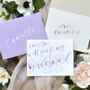 Aquarelles de luxe personnalisées Cartes Serez-vous ma demoiselle d'honneur. Cadeau de demoiselle d'honneur peint personnalisé, cartes de proposition de mariage manuscrites