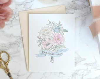 Mother's Day Card for Mom, Grandma, or Wife. Watercolor Flower Bouquet with Hand Painted Banner.
