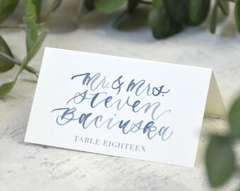 Watercolor Wedding Escort Cards for Couples, Mr. and Mrs. Wedding Placecard Tent Cards with Table Numbers, Calligraphy Folded Name Cards