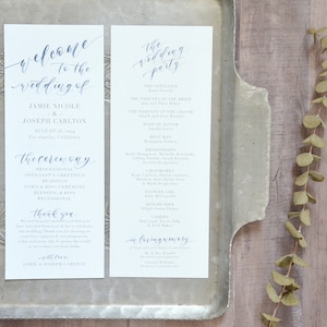 May include: A wedding ceremony program with a blue and white color scheme. The program includes the names of the bride and groom, Jamie Nicole and Joseph Carlton, the date of the wedding, August 13, 2019, and the location, Los Angeles, California. The program also includes the order of the ceremony, the names of the wedding party, and a thank you message from the bride and groom.