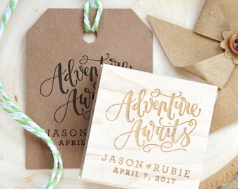 Adventure Awaits Stamp, Personalized Rubber Stamp for Wedding Favor, Baby and Bridal Shower Favor
