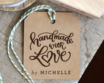 Handmade with Love Rubber Stamp, Handmade by Stamp, Personalized Name Stamp, Custom Stamp, Personalized Shop Stamp, Made with Love Stamp